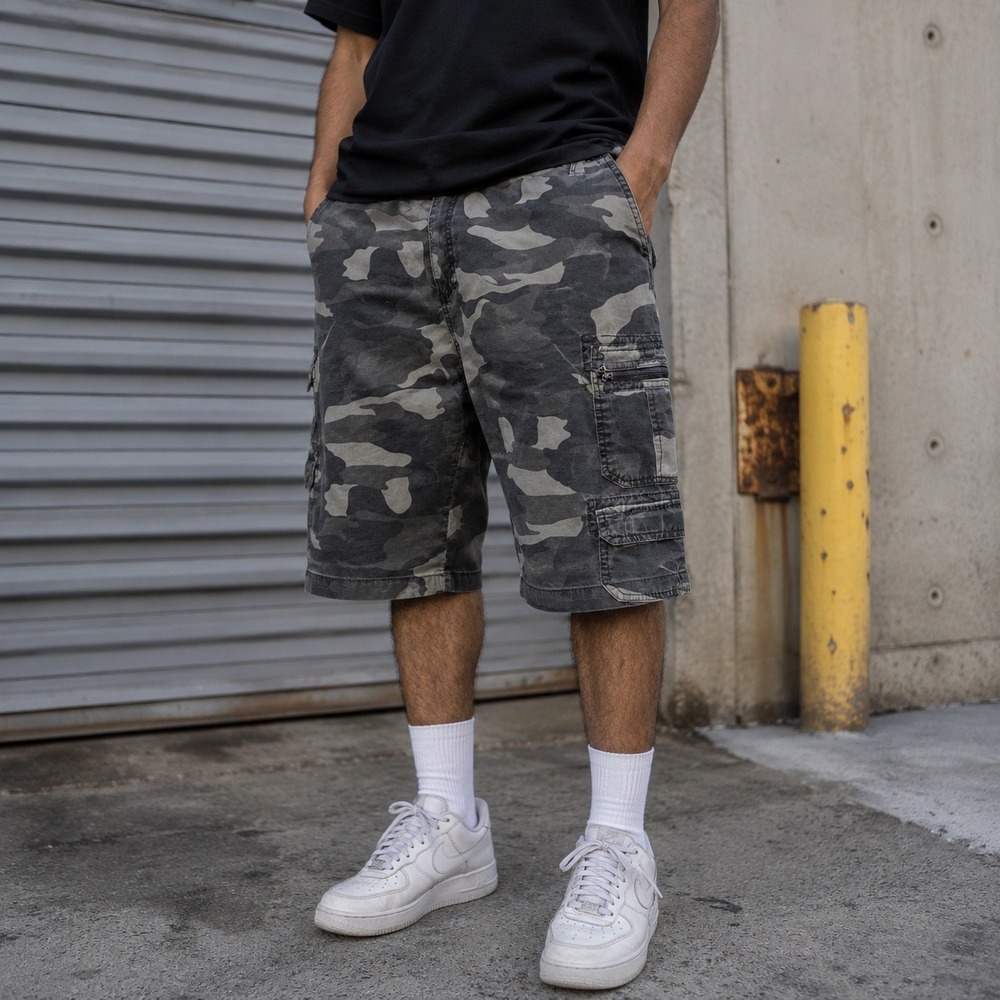 Vintage Plugg Shorts Mens 36 Gray Camo Cargo Ripstop Multi Pocket Baggy Y2K